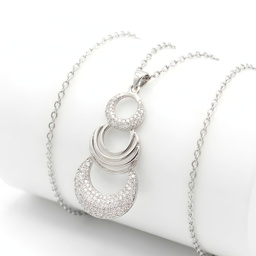 Silver Three Circle Pendant Necklace with American Diamonds – Tiered Concentric Ring Drop Necklace for Women